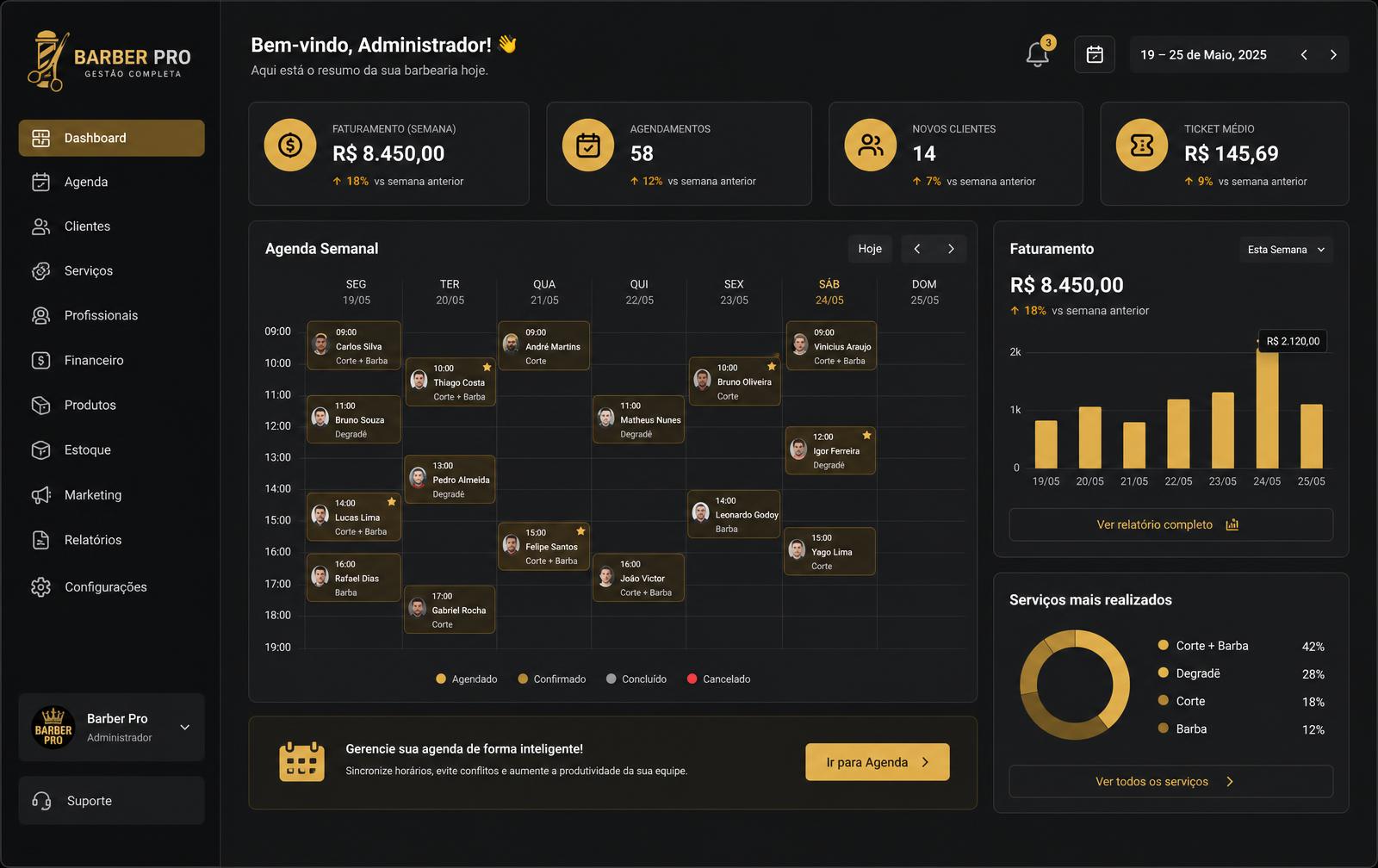 Painel do BarberFlow AI com agenda semanal e indicadores